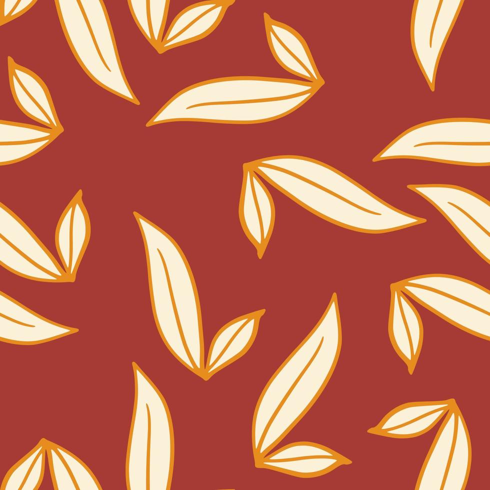 Nature botanic seamless pattern with random yellow contoured white leaves print. Maroon background. vector