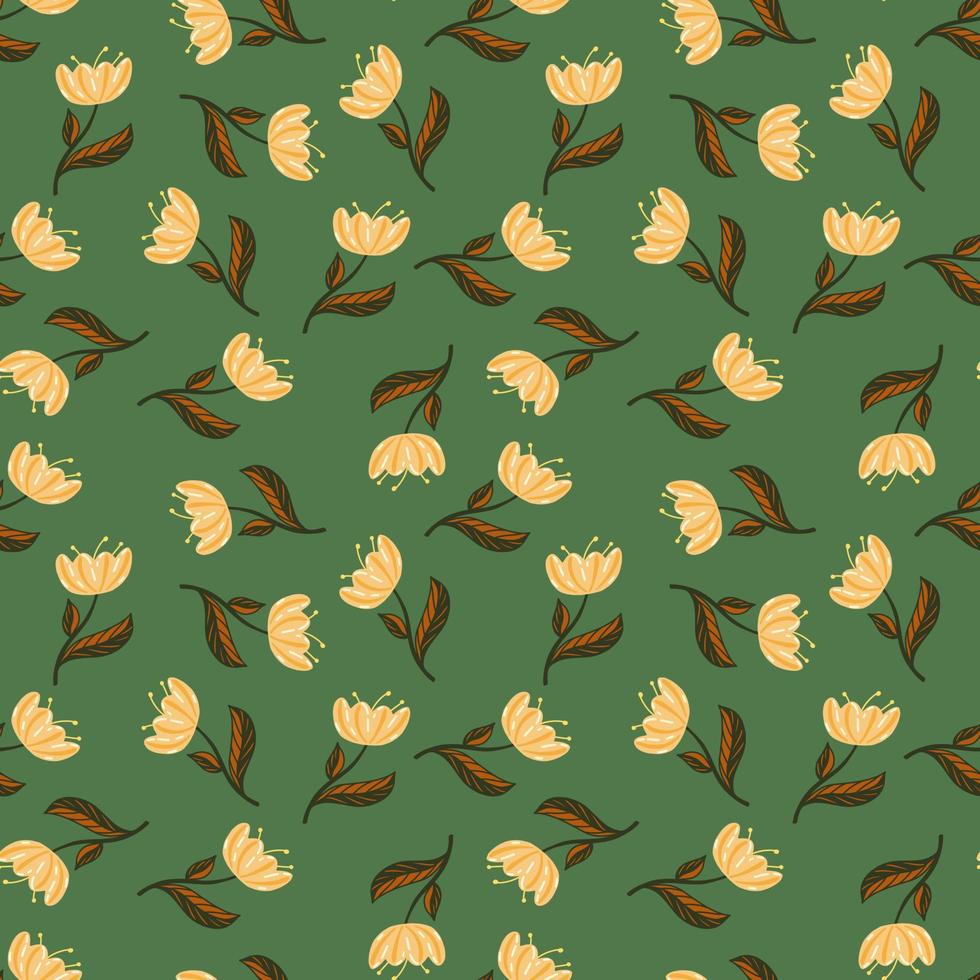 Random seamless pattern with floral poppy silhouettes beige little print. Green background. Simple style. vector