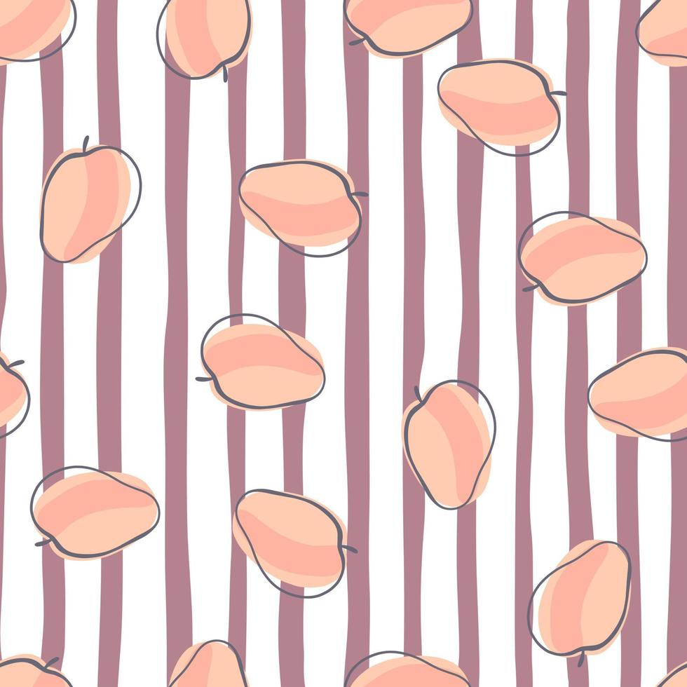 Random pink contoured apricot silhouettes seamless pattern. Striped background. Natural print. vector