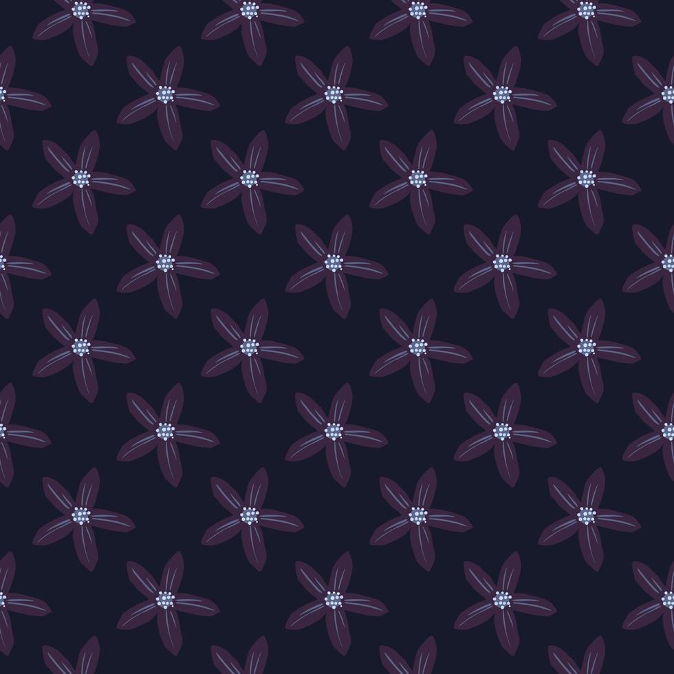 Dark floral seamless doodle pattern with hand drawn flowers mandarin silhouettes. Purple colored print. vector