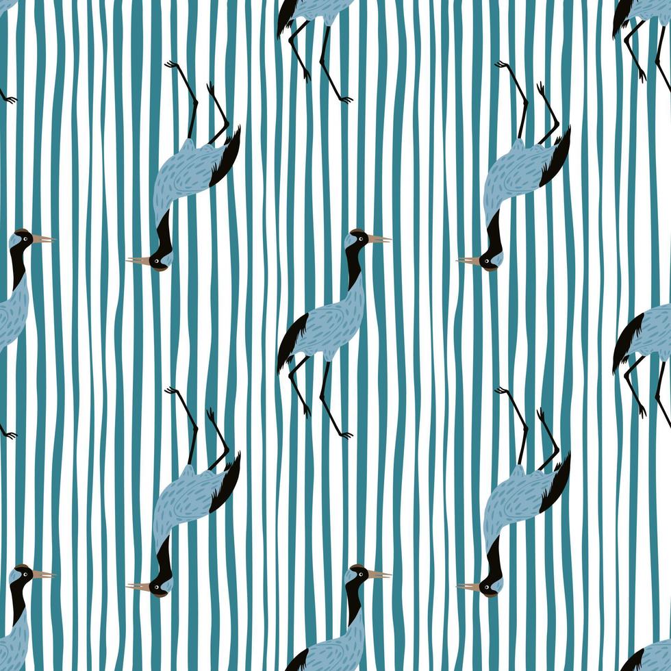 Scrapbook seamless pattern with creative crane bird silhouettes print. Blue striped background. vector