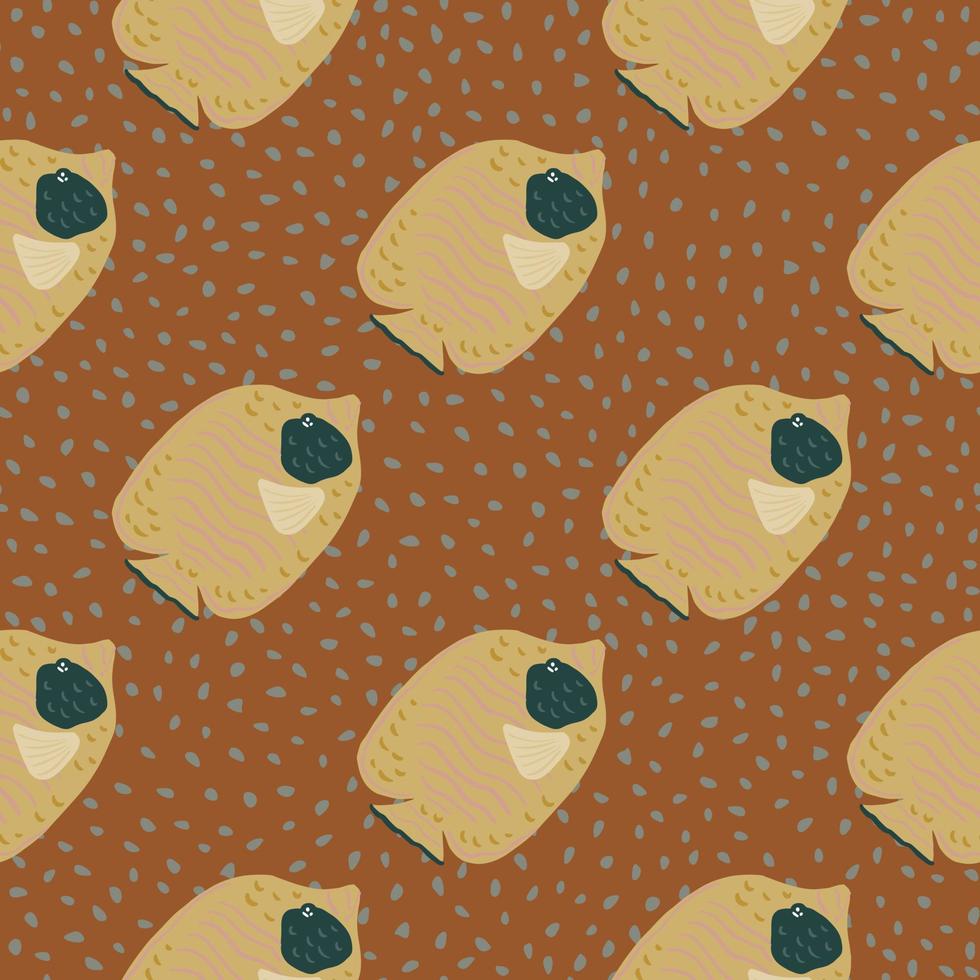 Nature ocean seamless pattern with beige butterfly fish silhouettes. Brown dotted background. vector