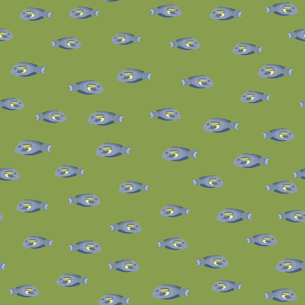 Seamless pattern in underwater fauna style with little blue random surgeon fish print. Green background. vector