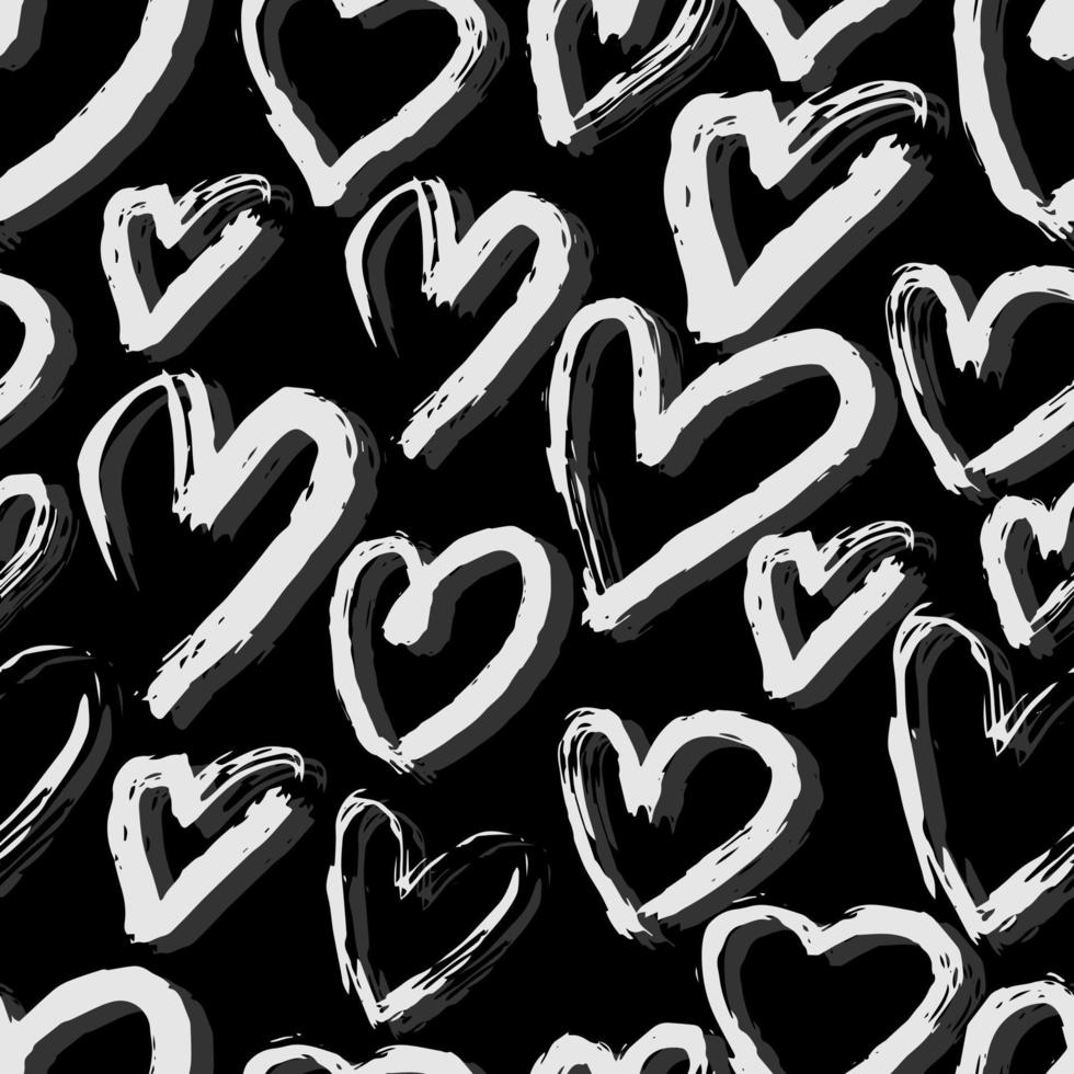 Gray hand drawn hearts seamless pattern on black background. vector