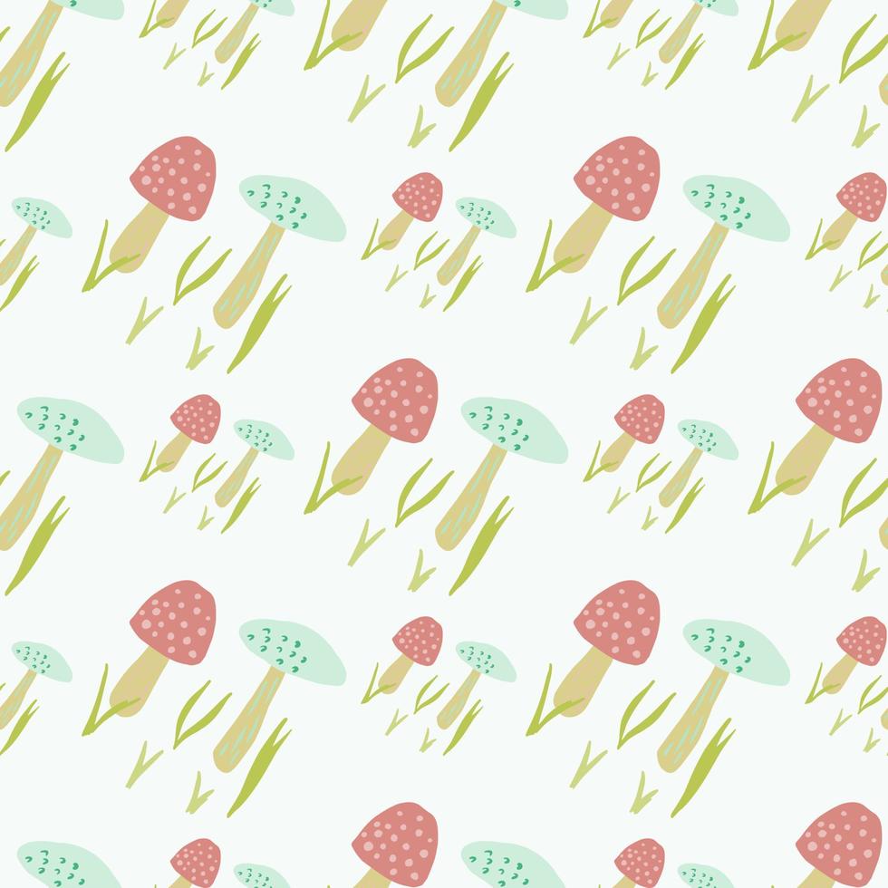 Isolated hand drawn forest seamless pattern with fungus shapes. Amanita ornament in pink and blue colors on white background. vector