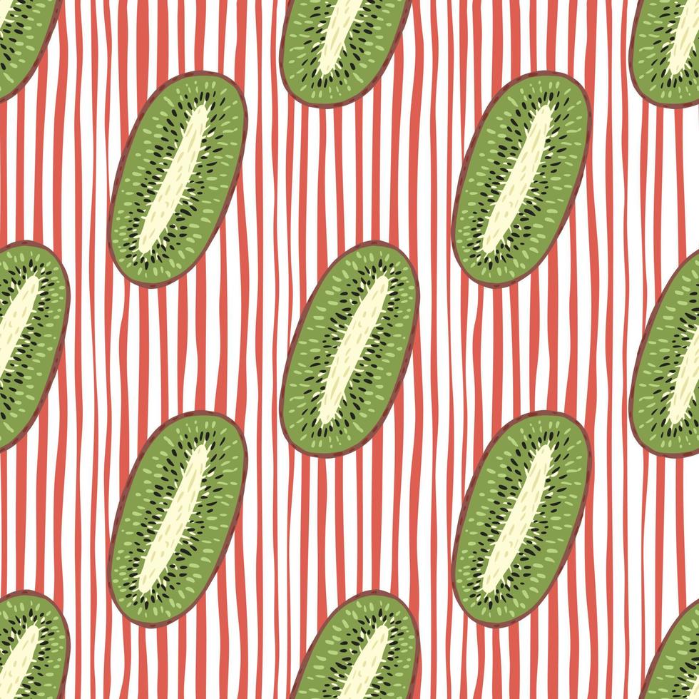 patrón orgánico sin costuras con adorno de media fruta de kiwi fresco. formas verdes sobre fondo de rayas rojas. vector