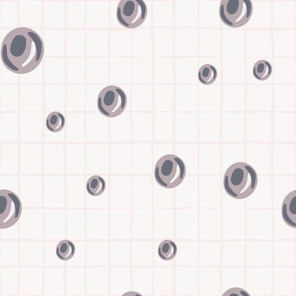 patrón aleatorio sin costuras con perlas moradas de diferentes formas. fondo blanco a cuadros. impresión de gotas submarinas. vector