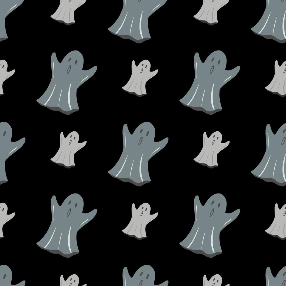 Seamless doodle pattern with ghosts ornament. Grey scary elements on black background. Dark artwork. vector