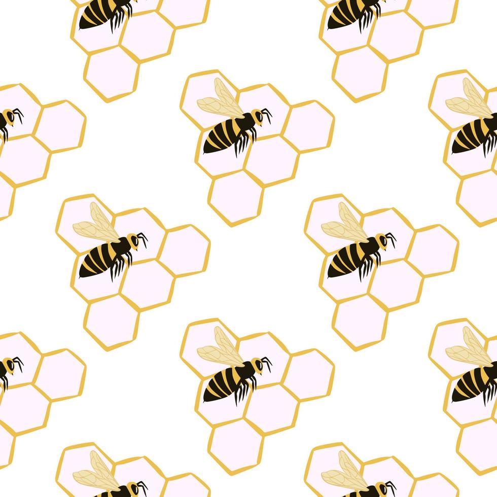 Minimalistic isolated seamless pattern with bees and honeycomb shapes. White background with yellow and black colores ornament. vector