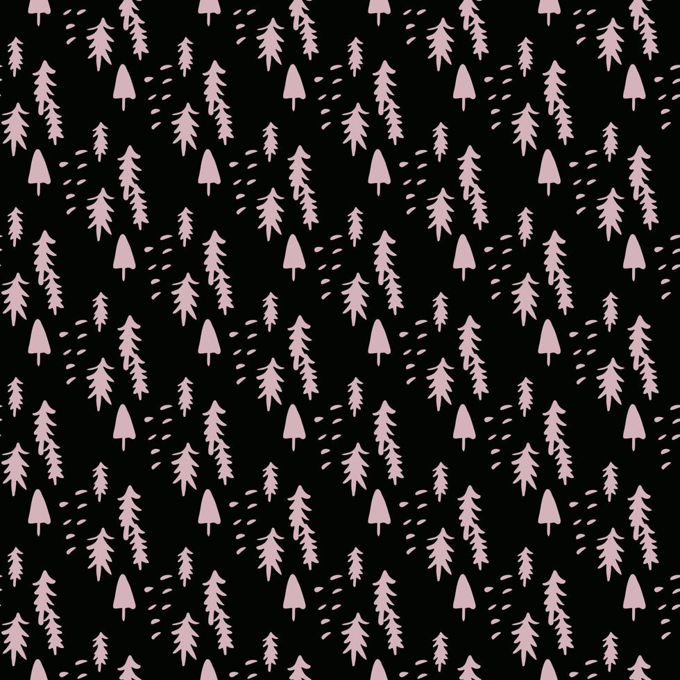 Small pink christmas trees on black background. Seamless pattern. vector