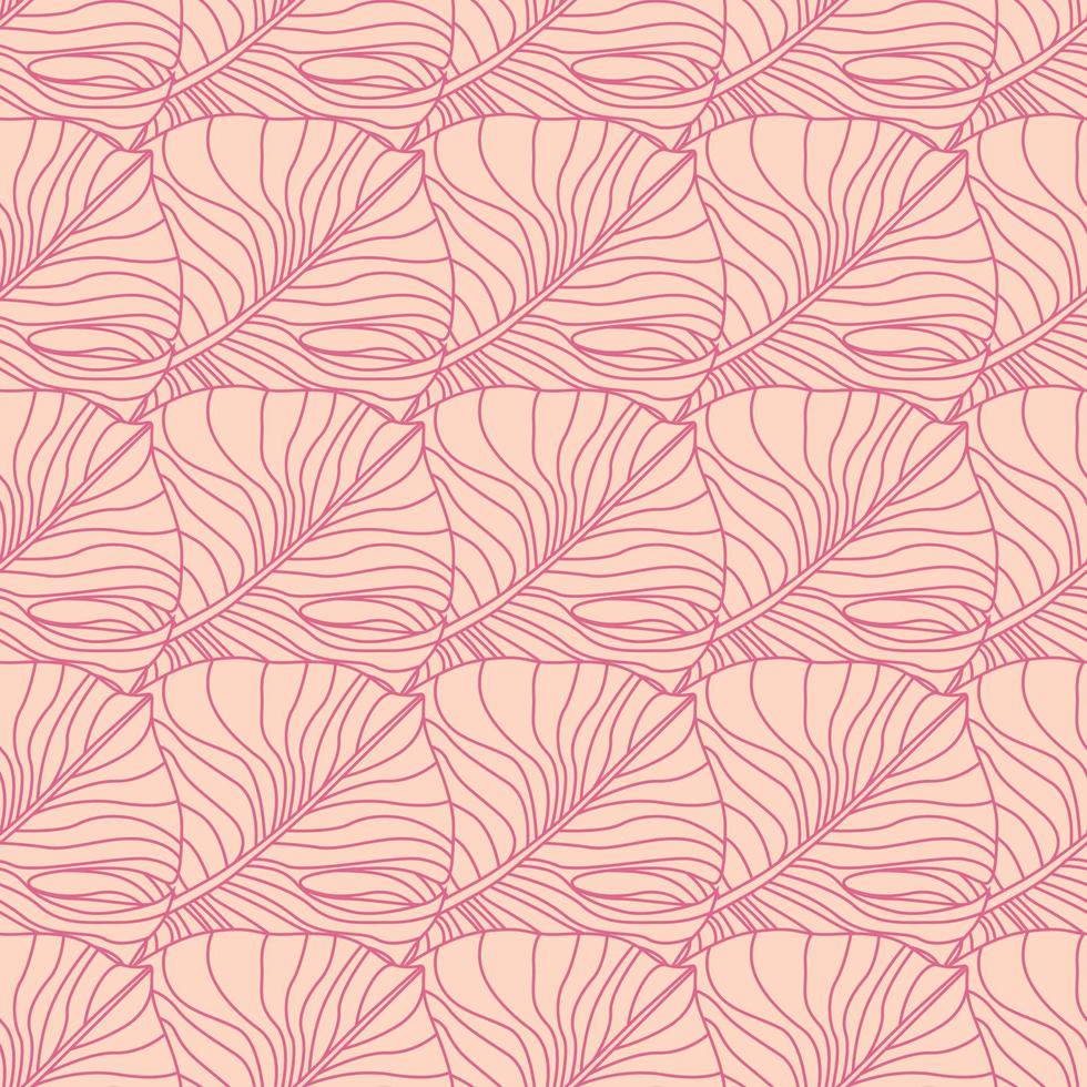 Outline monstera leaves silhouettes seamless stylized pattern. Pink palette tropical plant artwork. Simple botanic print. vector