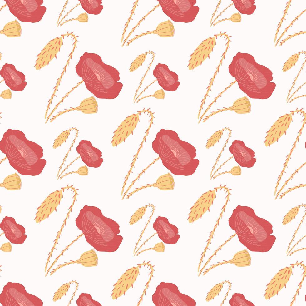 Isolated seamless doodle pattern with flower ornament. Red and orange tones hand drawn poppies on white background. vector