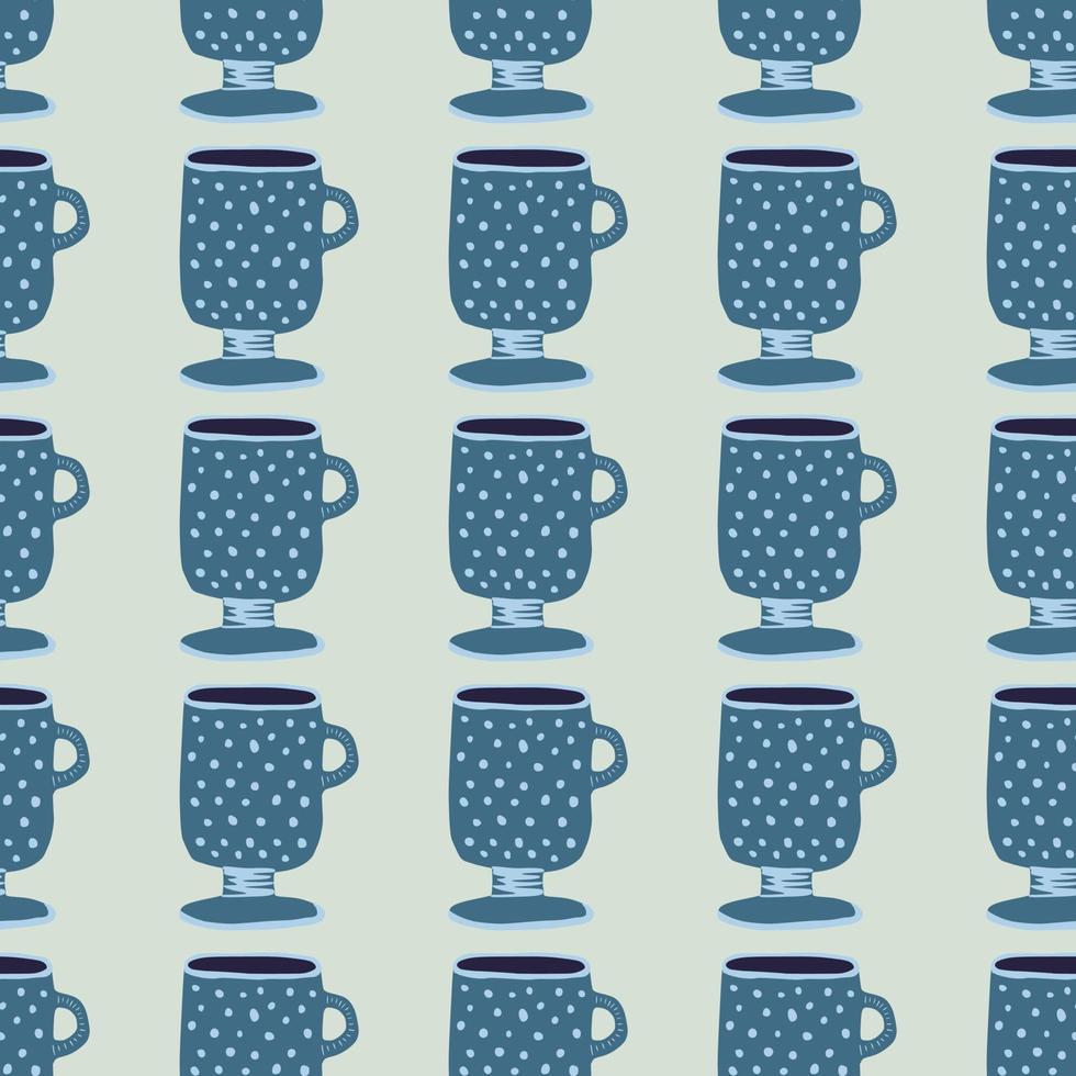 Blue cup silhouettes seamless doodle pattern. Pastel light background. Simple kitchen print. vector