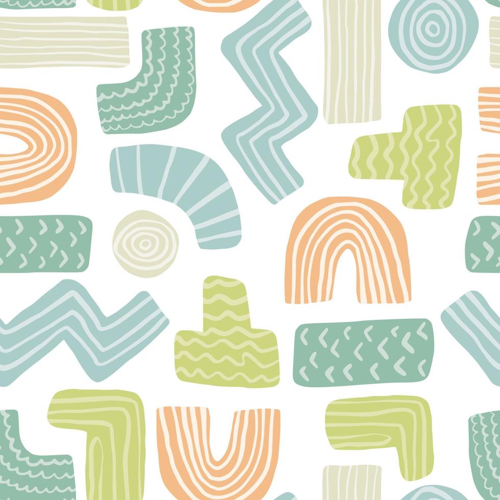 Zig zag, plus, minus, t symbol, line doodle shapes. Kids funny wallpaper. Vector seamless pattern on white background.