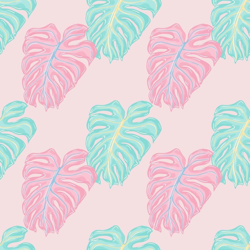 Pastel tones seamless pattern with pink and blue outline monstera silhouettes print. Pastel background. vector