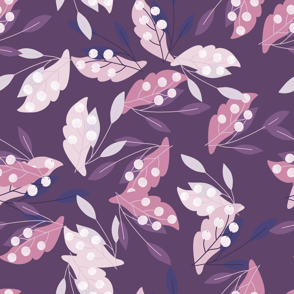 Decorative seamless pattern with random rowan berries and leaves ornament. Purple background. Simple style. vector