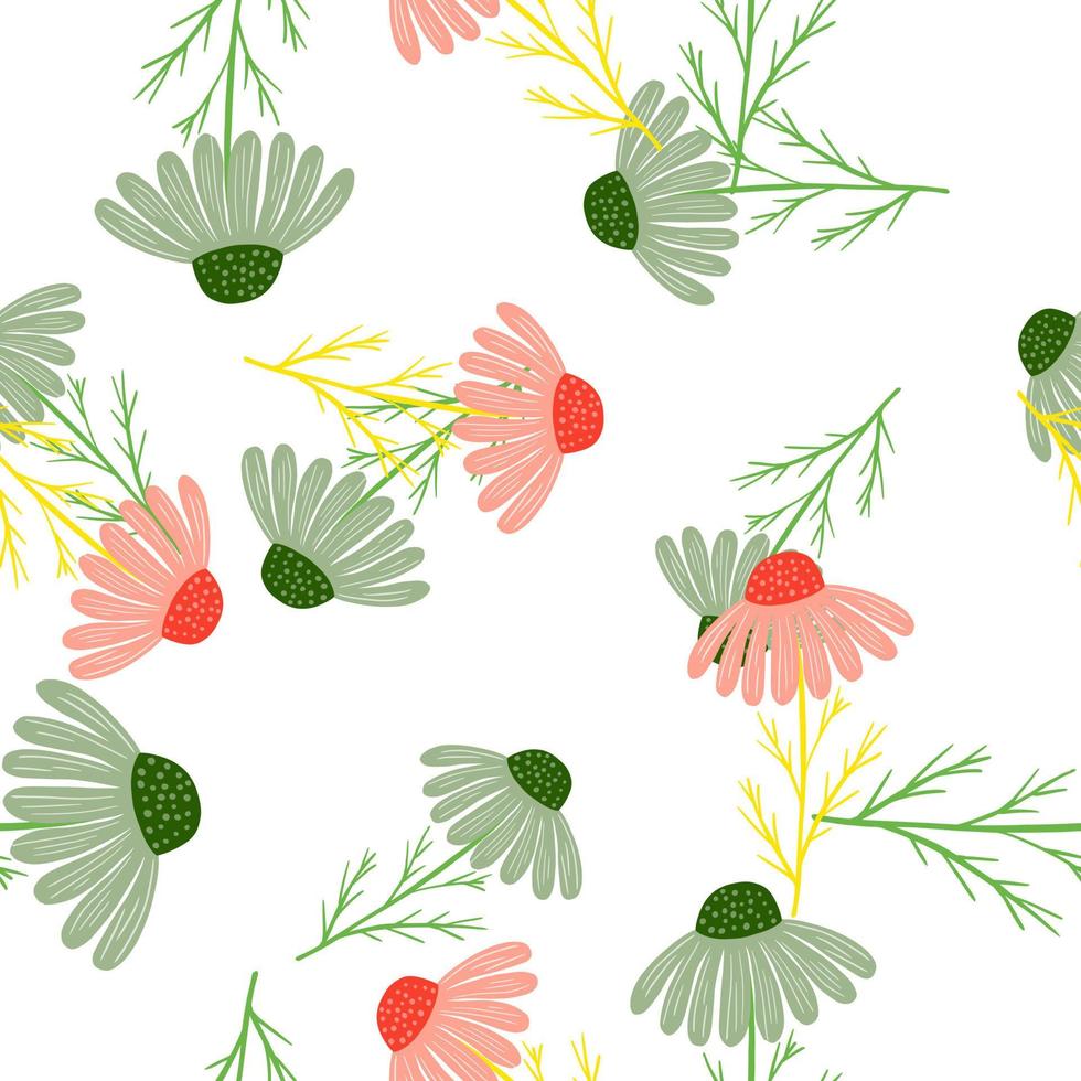 Isolated nature seamless pattern with pink and green random chamomile flowers. White background. vector