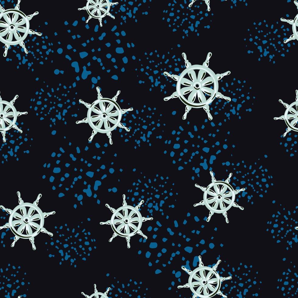 patrón decorativo sin costuras con adorno de timón de barco al azar. fondo negro con toques azules. vector