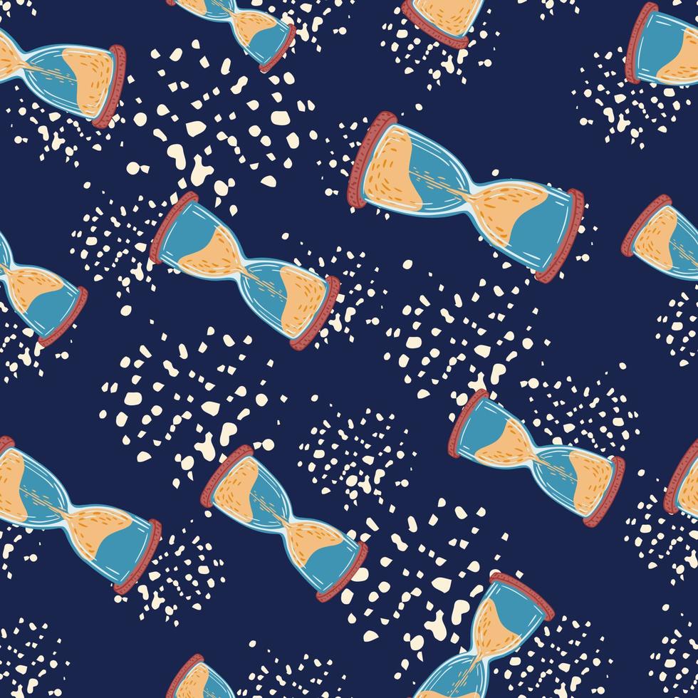 Abstract random seamless pattern with blue and beige hourglass elements. Navy blue background with splashes. vector