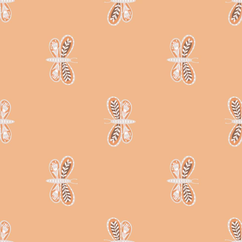 Grey ornamental butterfly folk shapes print seamless pattern. Pastel orange background. Simple style. vector