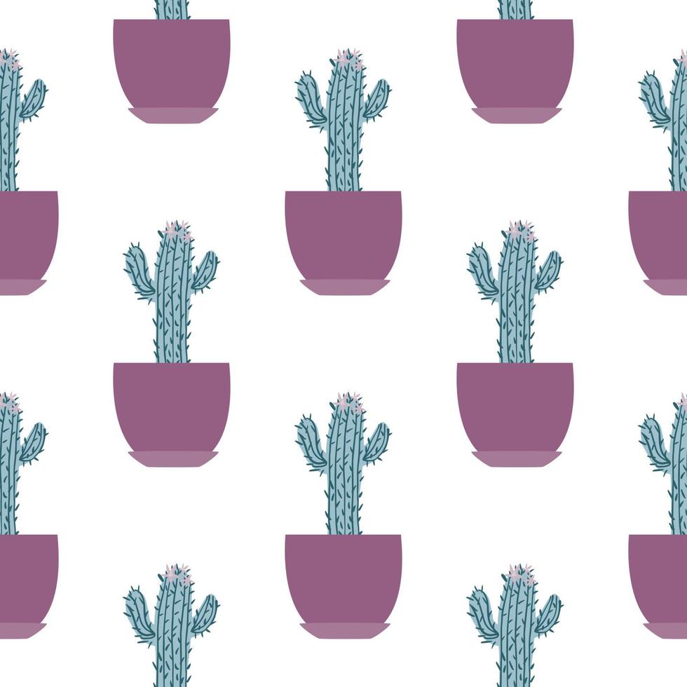 Seamless pattern with cactus in pot on white background. Design for fabric, textile print, wrapping paper. vector