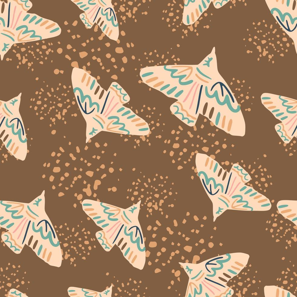 Random seamless bird silhouettes pattern. Brown background with splashes. Light pink animal figures. vector