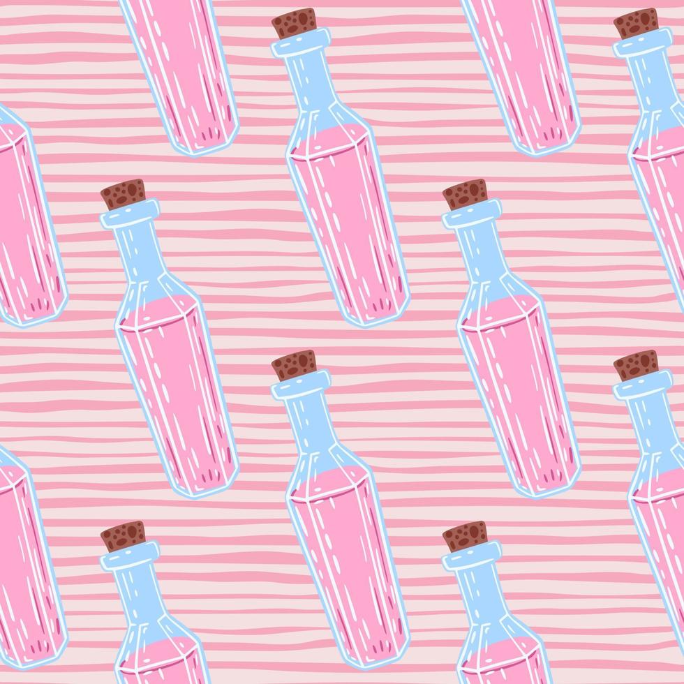 Pink liquids in blue bottle seamless pattern. Striped pink backround. Antidote magic backdrop. vector