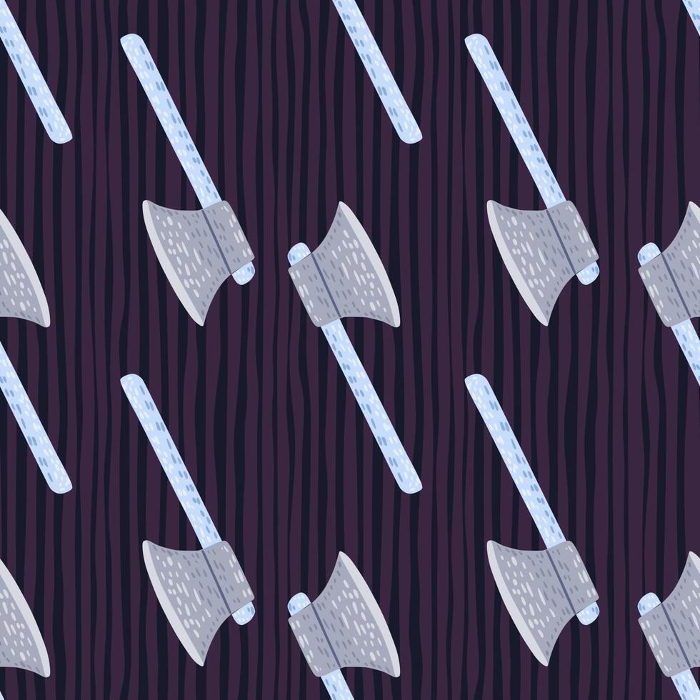 Light grey iron hatchets seamless stylized pattern. Warrior simple print with purple dark striped background. vector