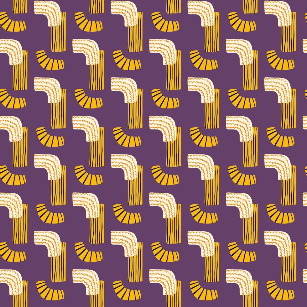 Bright hand drawn abstract shapes seamless pattern. Yellow and white figure ornament on purple background. vector
