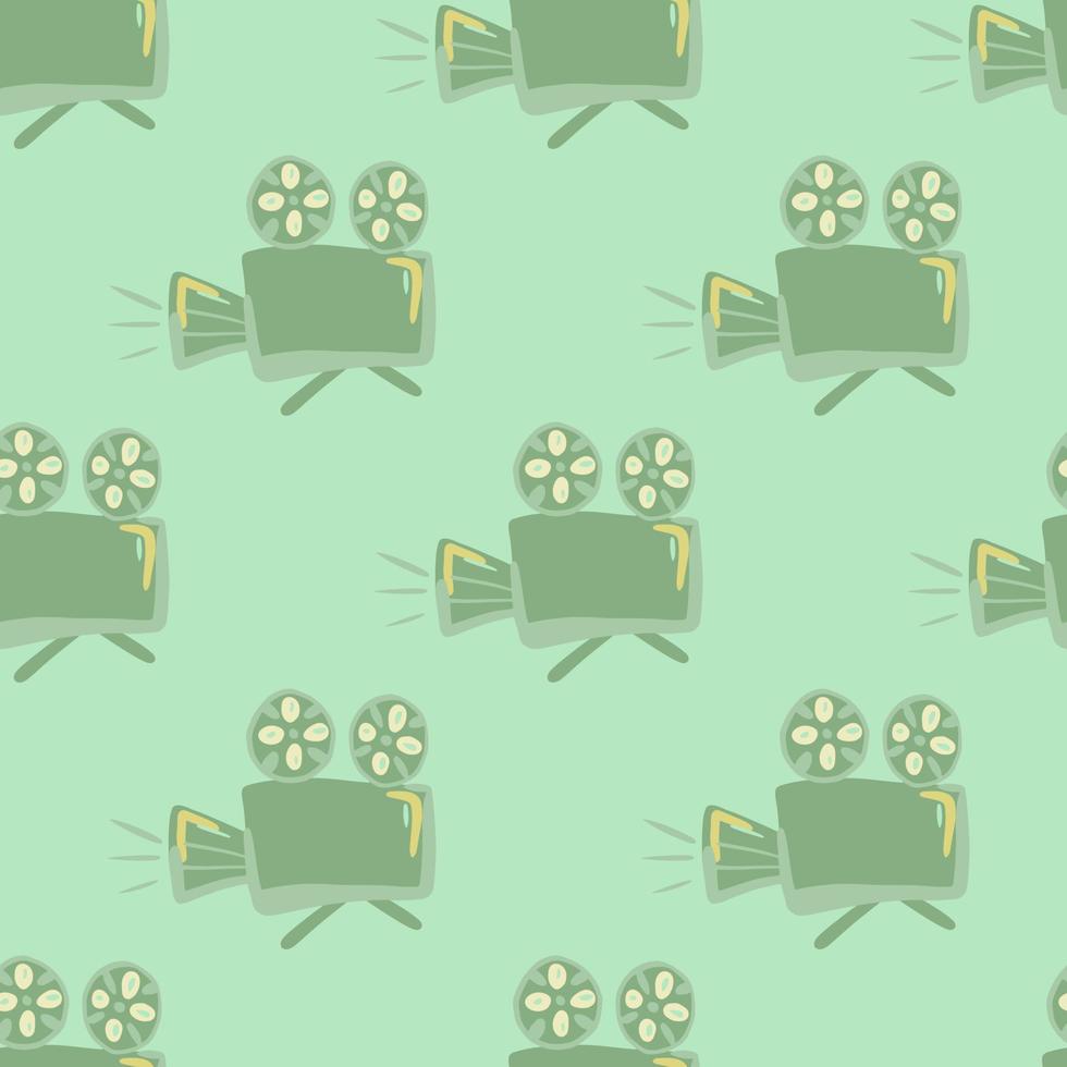 Green stylized cameras seamless pattern. Light turquoise background. Simple cinema style backdrop. vector