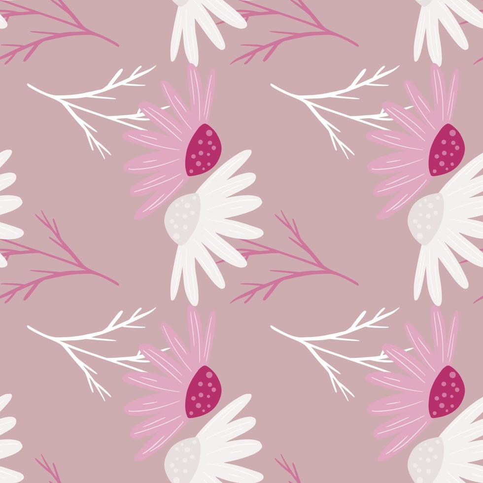 patrón floral sin fisuras de estilo minimalista con formas de flores de manzanilla blanca. fondo lila pálido. vector