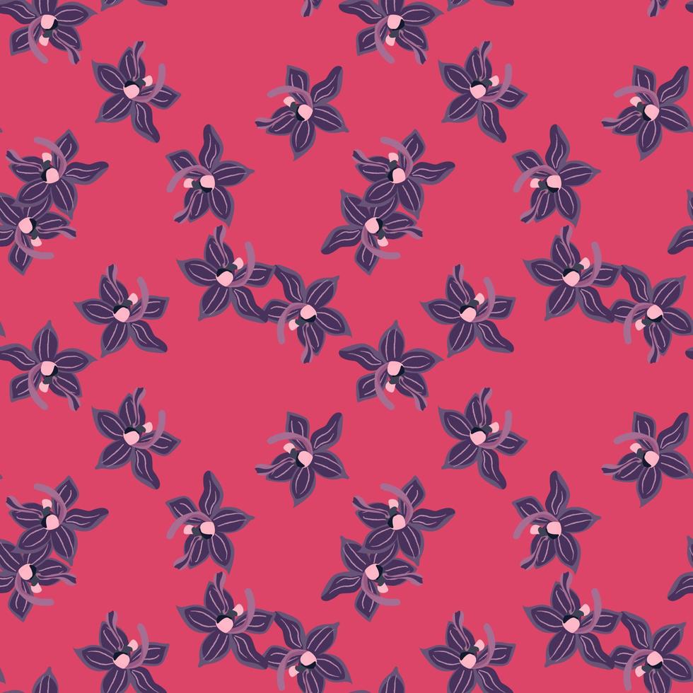 Navy blue random orchid flowers seamless pattern in tropic style. Pink bright background. Doodle style. vector