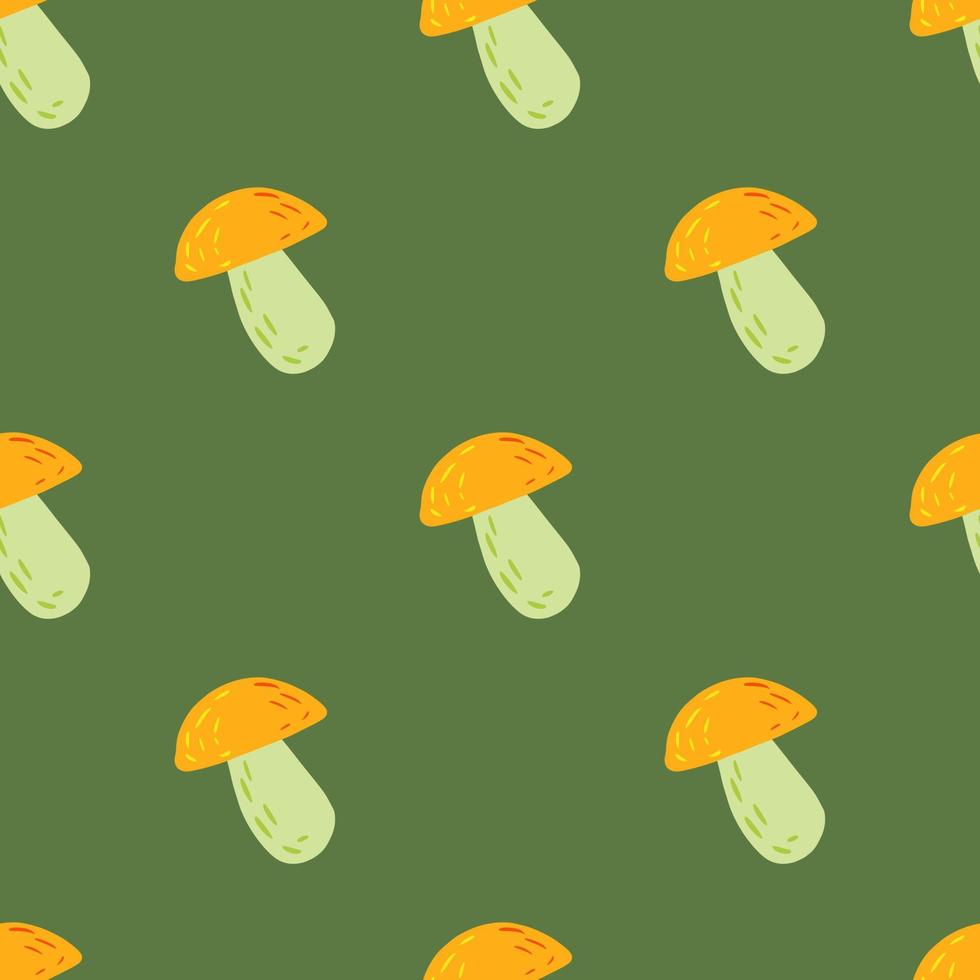 Seamless minimalistic pattern with orange mushrooms shapes. Green background. Boletus print design. vector