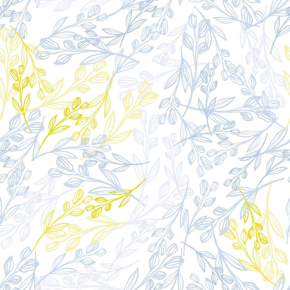 Random seamless pattern with herbal branches in blue and yellow tones. White background. vector