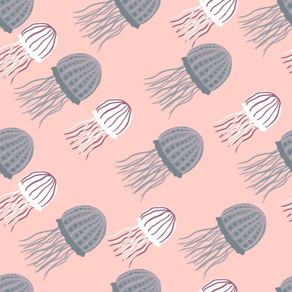 Blue and white colored jellyfishes seamless pattern. Undersea print with pink soft background. vector