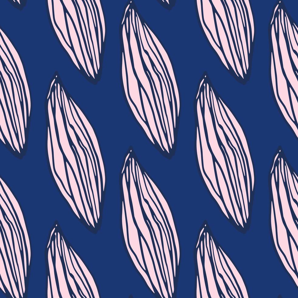 Bright outline leaves seamless doodle pattern. Pink foliage elements on navy blue background. vector