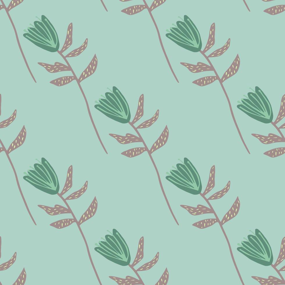 Botanic seamless pattern with green and beige flowers silhouettes. Light turquoise background. vector