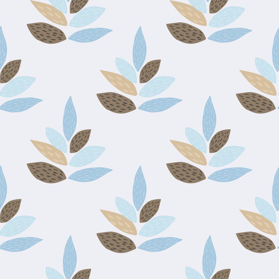 Blue and brown ornament leafs seamless pattern. Light pastel background. Scandinavian style. vector