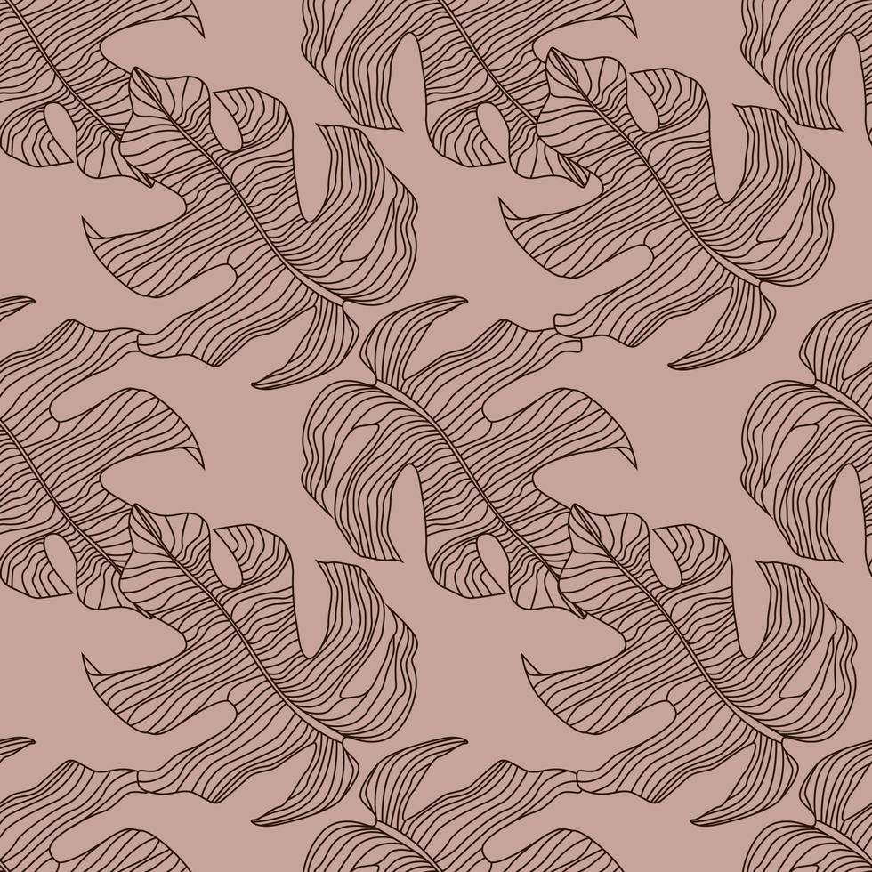 Autumn seamless doodle pattern with brown contoured monstera outline shapes. Pale pink background. vector
