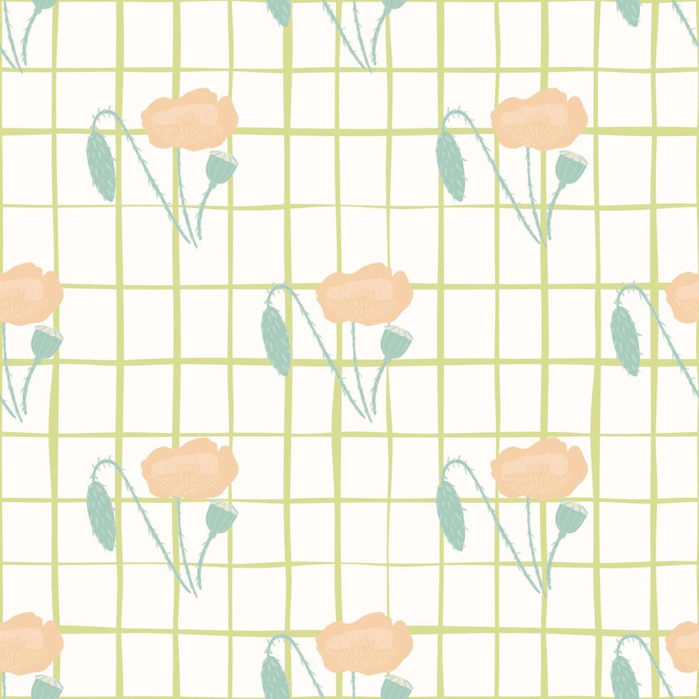 Minimalistic light seamless pattern with pale flowers. Poppy elements in pink tones on white chequered background. vector