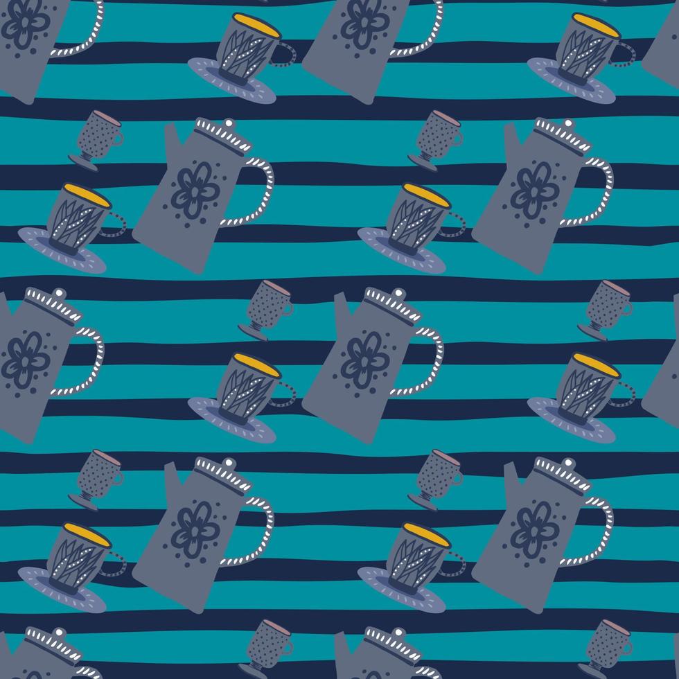 Tea ceremony hand drawn seamless pattern. Doodle ornament in soft blue tones on stripped background. vector