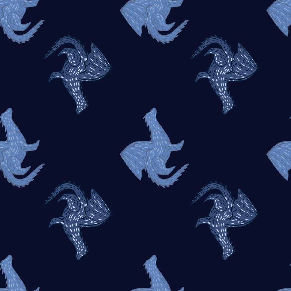 Minimalistic seamless pattern with blue colored dragon elements. Dark navy blue background. vector