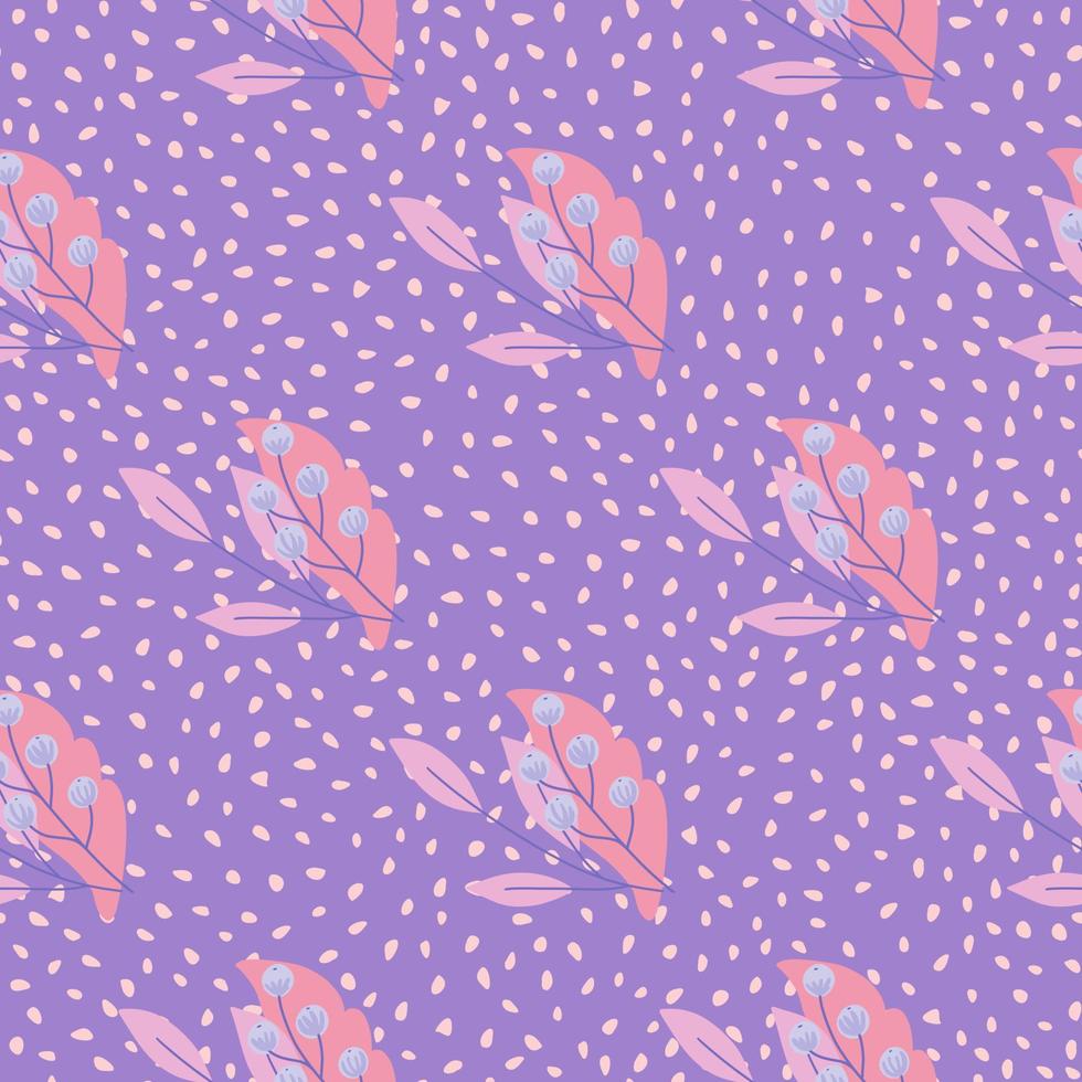 Abstract style organic seamless pattern with pink berry rowan and foliage ornament. Purple background with dots. vector