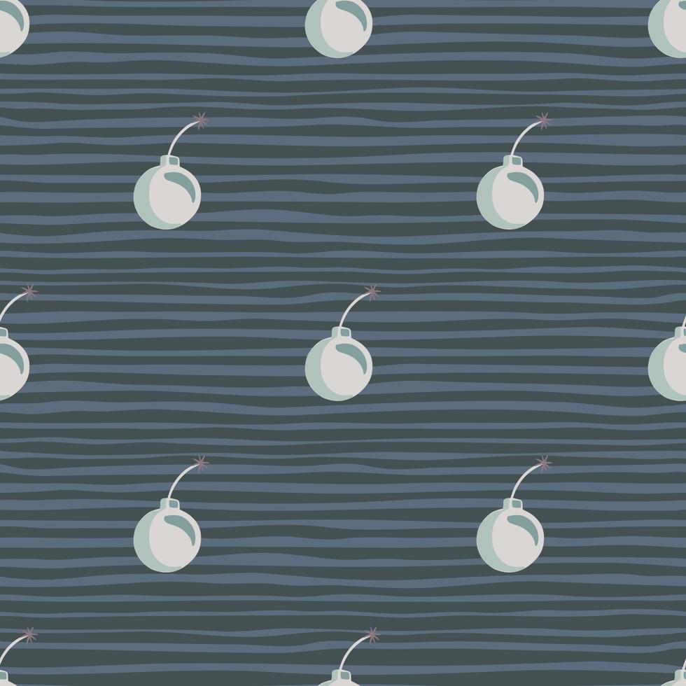 Decorative seamless pattern with white bomb ornament. Blue pale striped background. Danger army print. vector