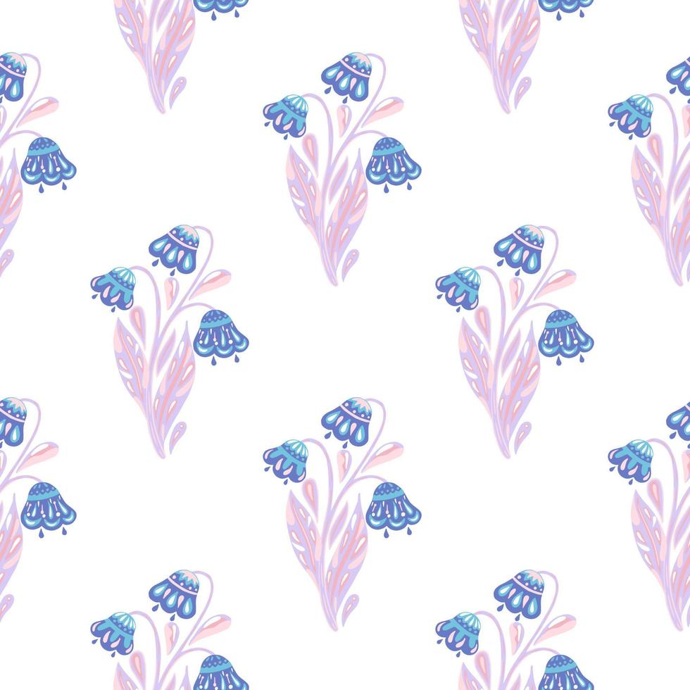Isolated seamless floral pattern with cute blue flowers bouquet print. White background. Pink stems. vector