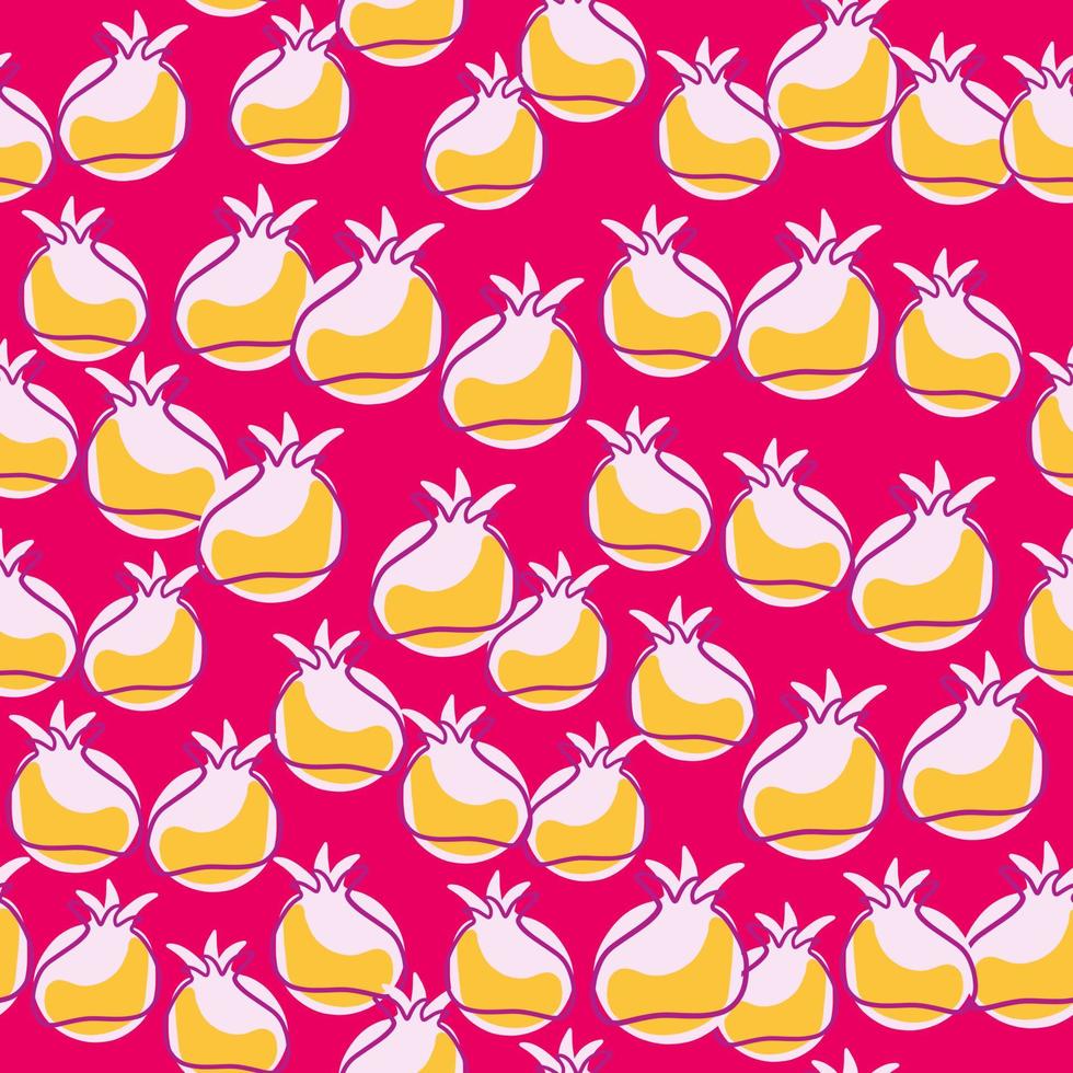 Organic summer fruit seamless pattern with yellow pomegranate elements. Pink bright background. vector