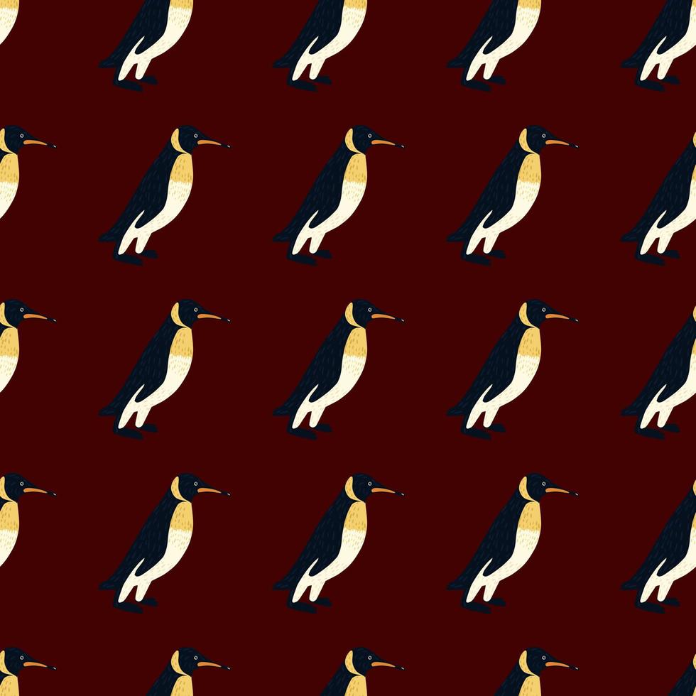 Dark tropical zoo seamless pattern with doodle penguin ornament. Maroon background. Animal exotic backdrop. vector