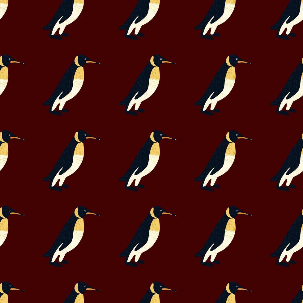 Dark tropical zoo seamless pattern with doodle penguin ornament. Maroon background. Animal exotic backdrop. vector