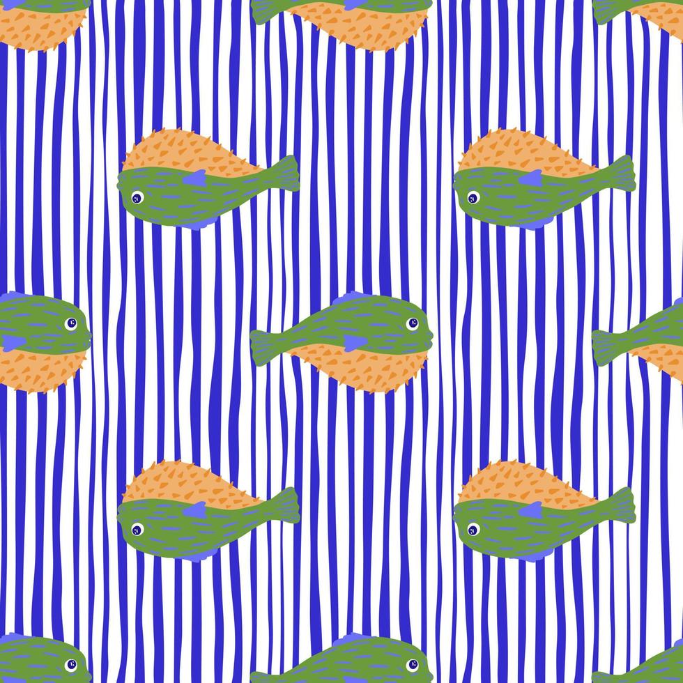 Exotic seamless doodle pattern with green colored puffer fish elements. Bright blue striped background. vector