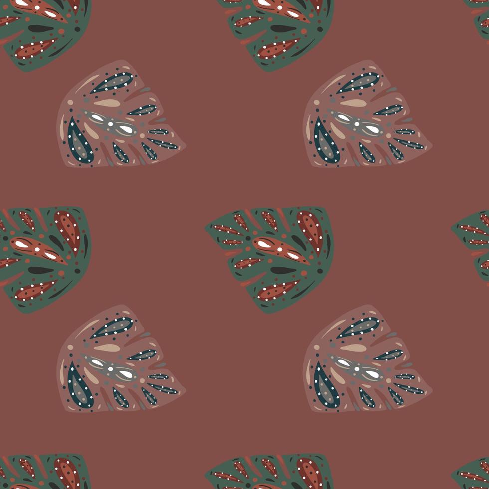 Dark tropical foliage seamless pattern with doodle abstract monstera elements. Pale maroon background. vector